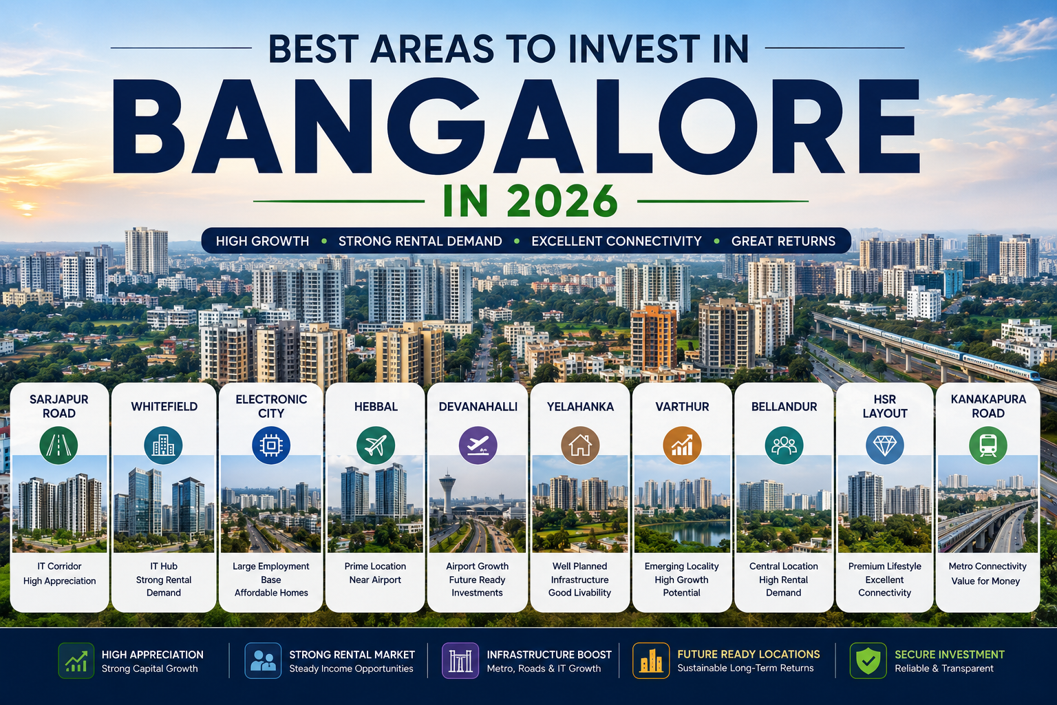 Best areas to invest in Bangalore in 2026 showing Whitefield, Sarjapur Road, Hebbal, Devanahalli, and other high-growth real estate corridors