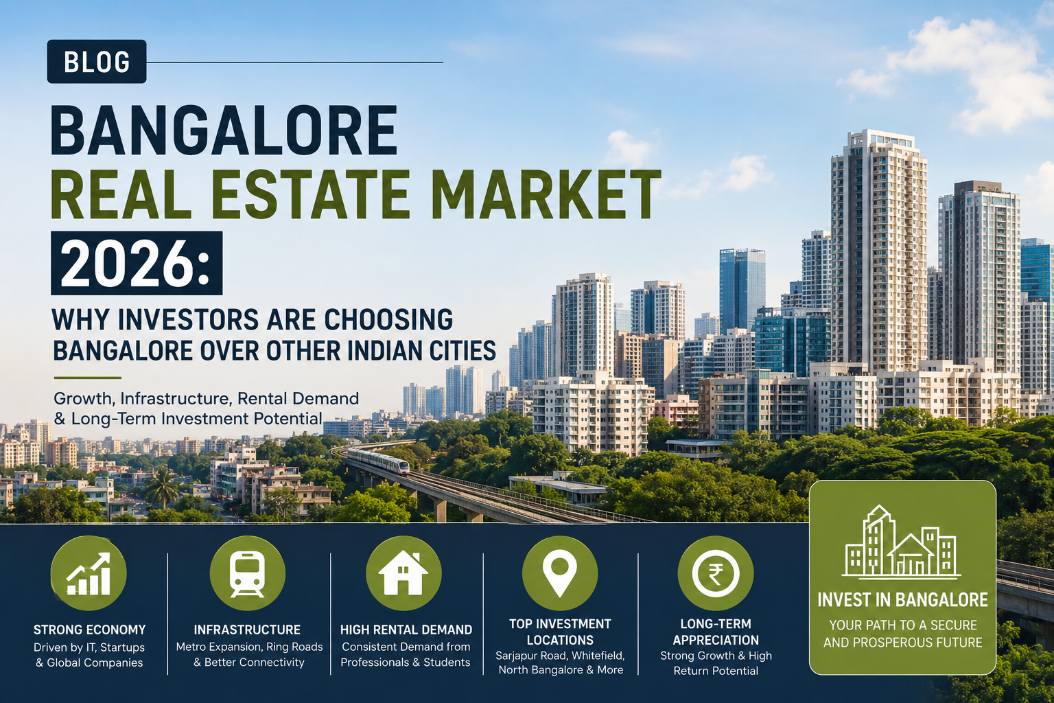 Bangalore real estate market 2026 showing property growth, infrastructure development, metro expansion and investment opportunities compared to other Indian cities