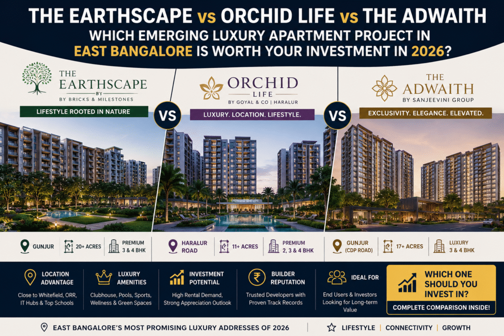 The Earthscape vs Orchid Life vs The Adwaith luxury apartment project comparison in East Bangalore