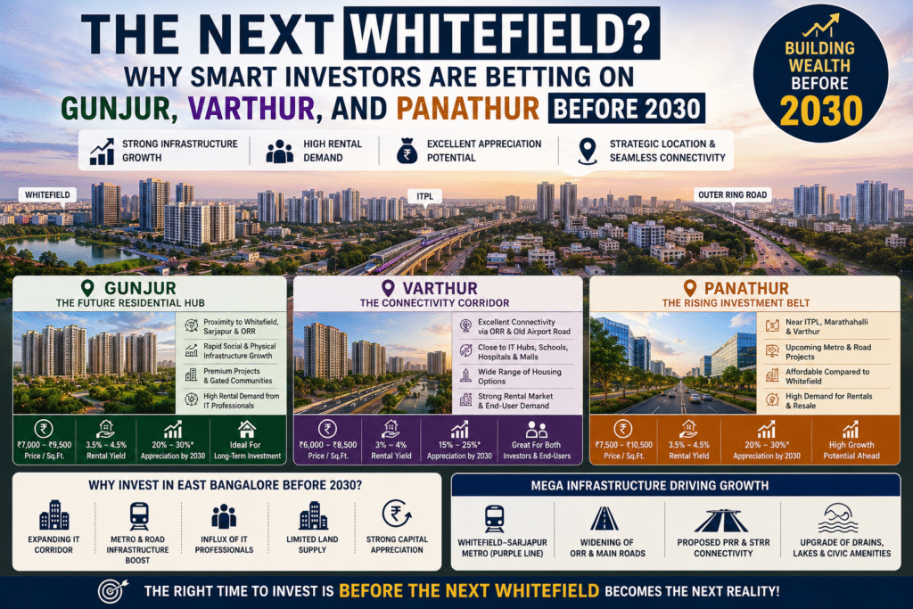 Gunjur vs Varthur vs Panathur property investment comparison in East Bangalore with growth potential towards 2030