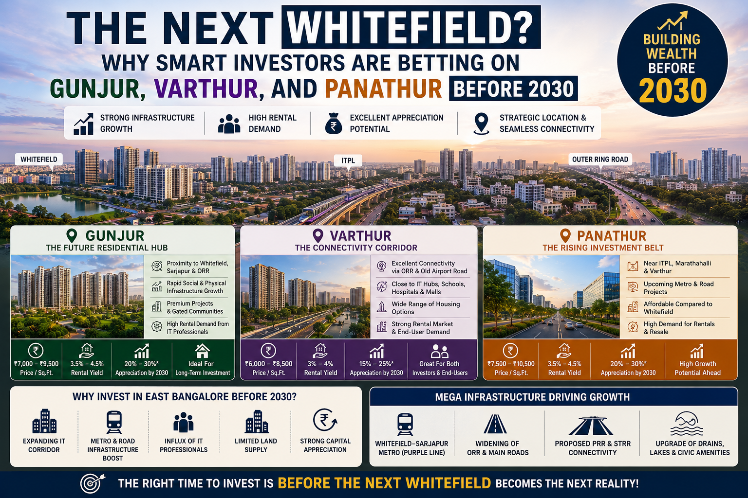 Gunjur vs Varthur vs Panathur property investment comparison in East Bangalore with growth potential towards 2030