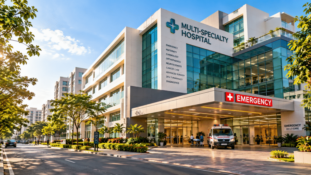 Modern multispecialty hospital building with emergency entrance on Sarjapur Road in Bangalore